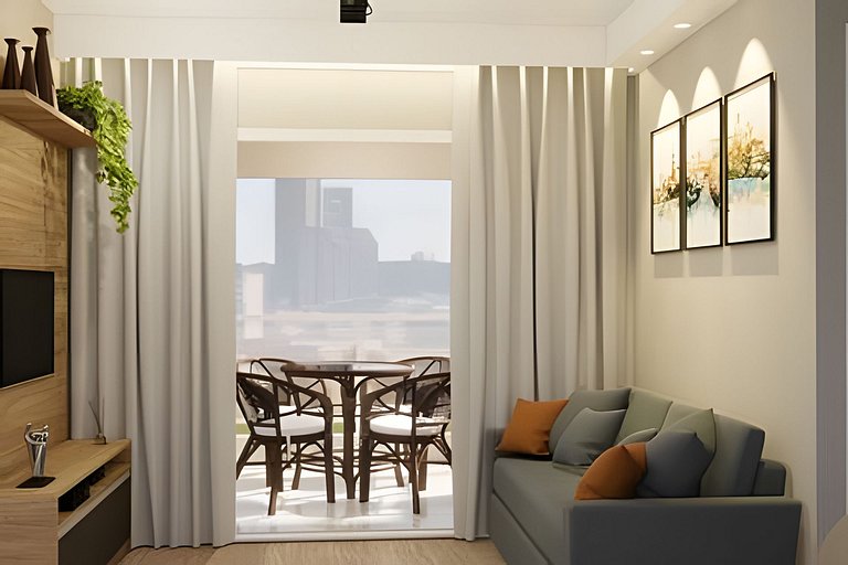 Apartamento 1604, 1/4, sala, TV, cozinha completa