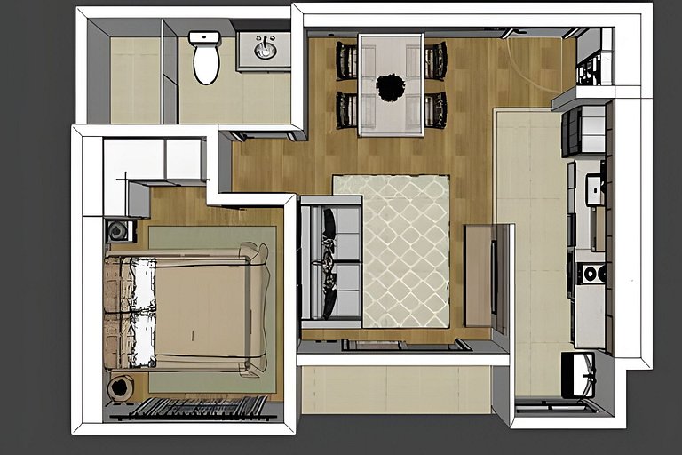 Apartamento 1604, 1/4, sala, TV, cozinha completa