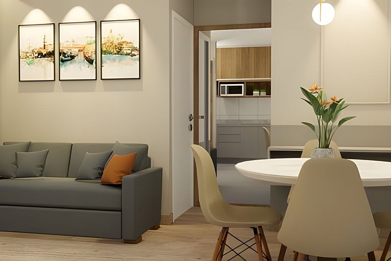 Apartamento 1604, 1/4, sala, TV, cozinha completa