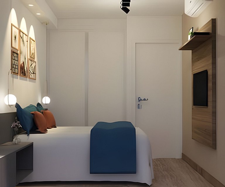 Apartamento 1604, 1/4, sala, TV, cozinha completa