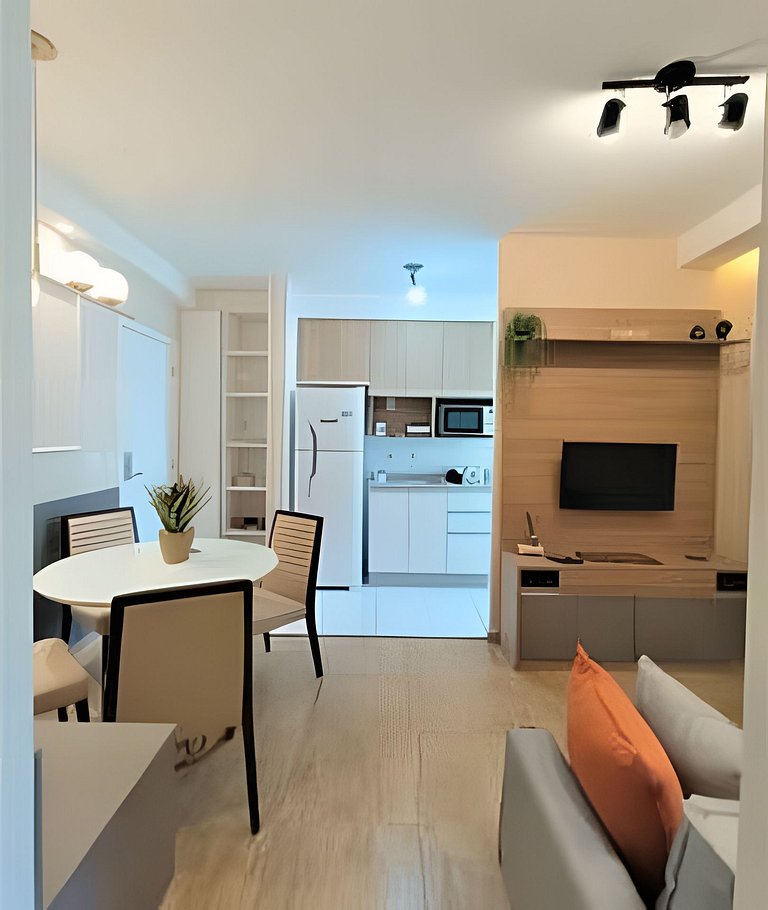 Apartamento 1604, 1/4, sala, TV, cozinha completa