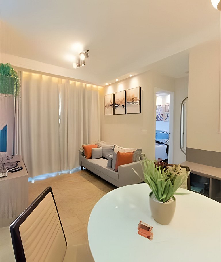 Apartamento 1604, 1/4, sala, TV, cozinha completa