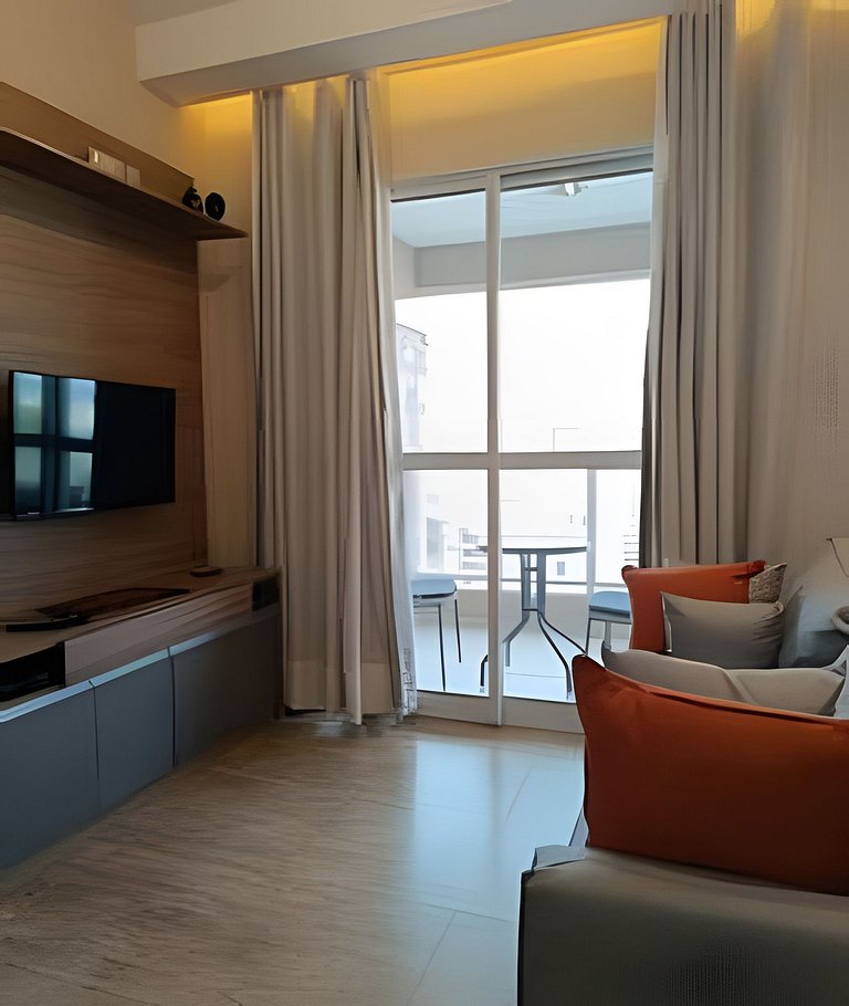 Apartamento 1604, 1/4, sala, TV, cozinha completa